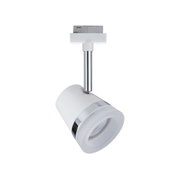 Moderne witte LED-spot met chromen ring en metalen staaf voor verstelbare verlichting