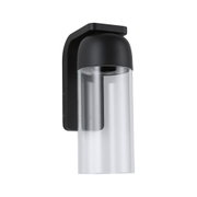 Black metal outdoor wall light with clear glass cylinder for modern exterior lighting
