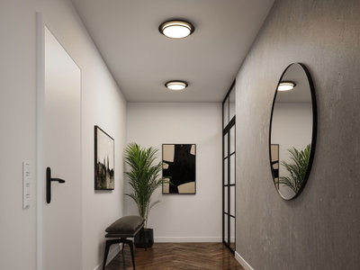 Modern hallway with round wall mirror and two black and white ceiling lights, wooden floor