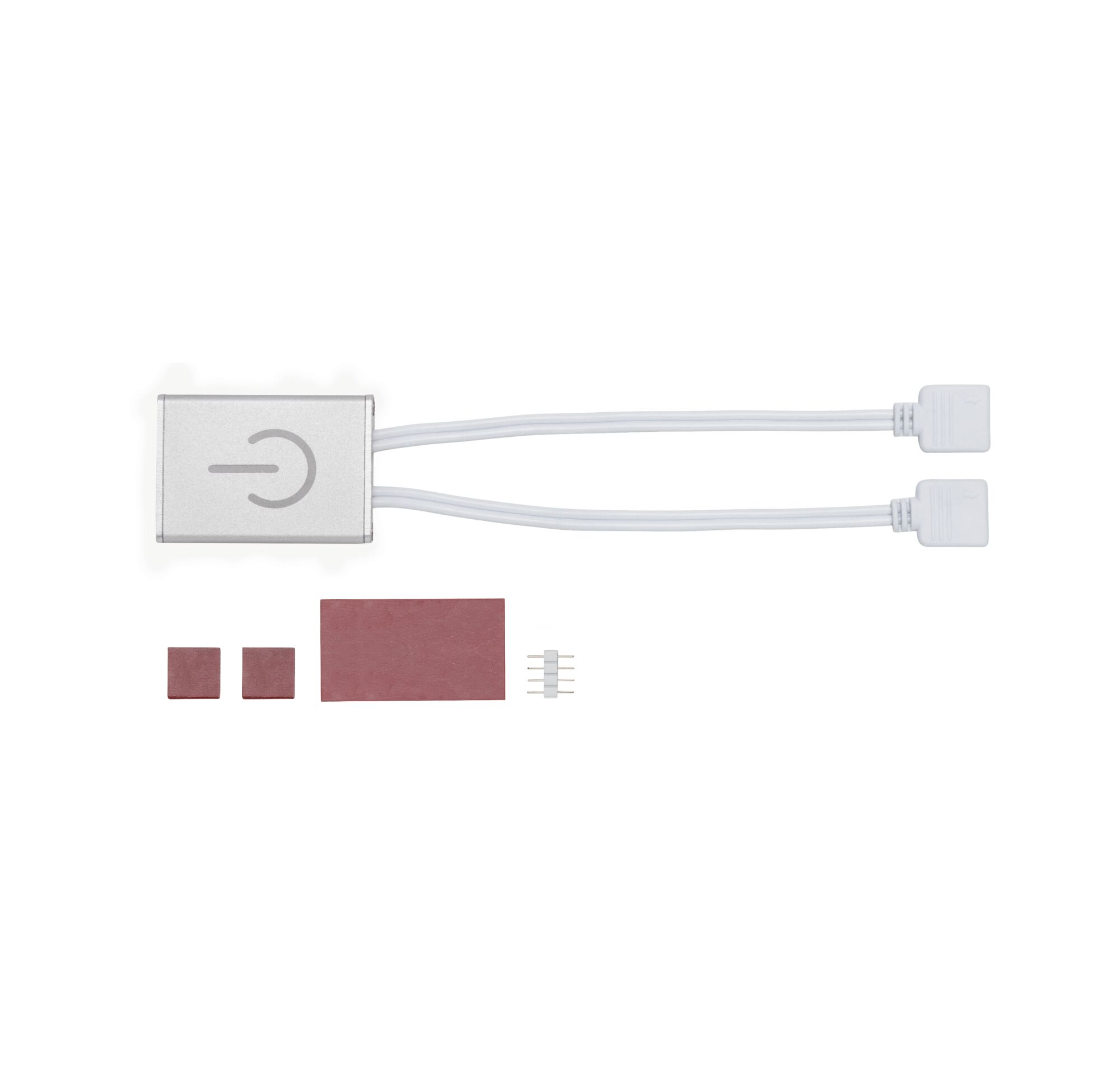 Zilveren LED-controller met twee witte kabels en bruine plakpads voor lichtregeling