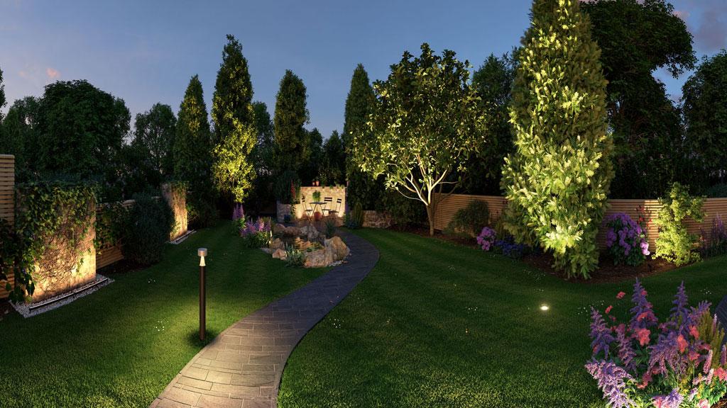 Verlichte tuinpad met LED-buitenverlichting en verlichte bomen in groene tuin bij schemering