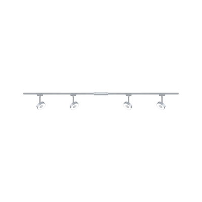 Modern ceiling spotlight in silver metal with four adjustable LED lights for living spaces.