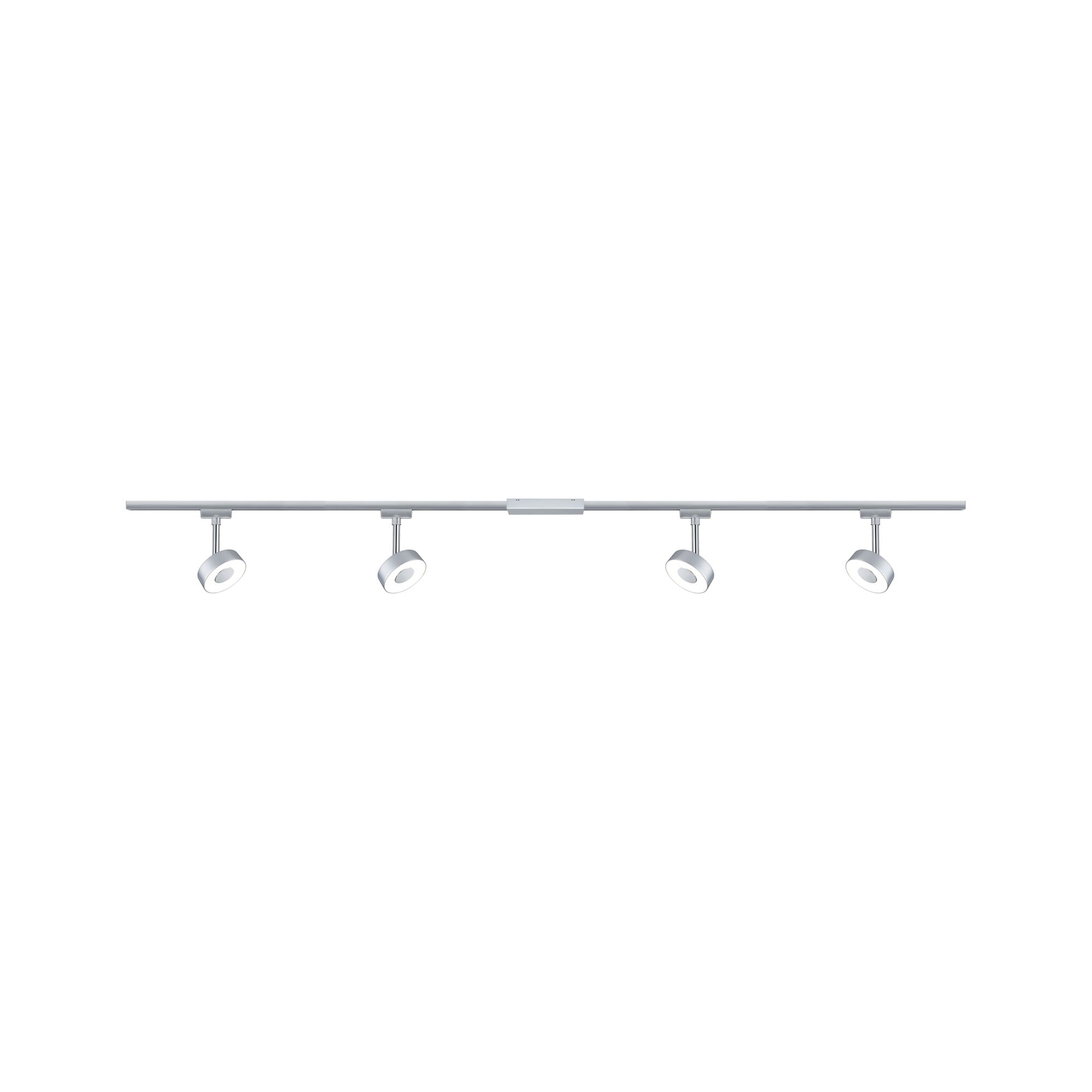 Spot de plafond moderne en métal argenté avec quatre lampes LED réglables pour intérieur.