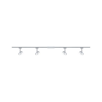 Modern ceiling spotlight in silver metal with four adjustable LED lights for living spaces.