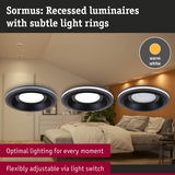 Sormus recessed black luminaires with subtle warm white light rings for bedroom lighting
