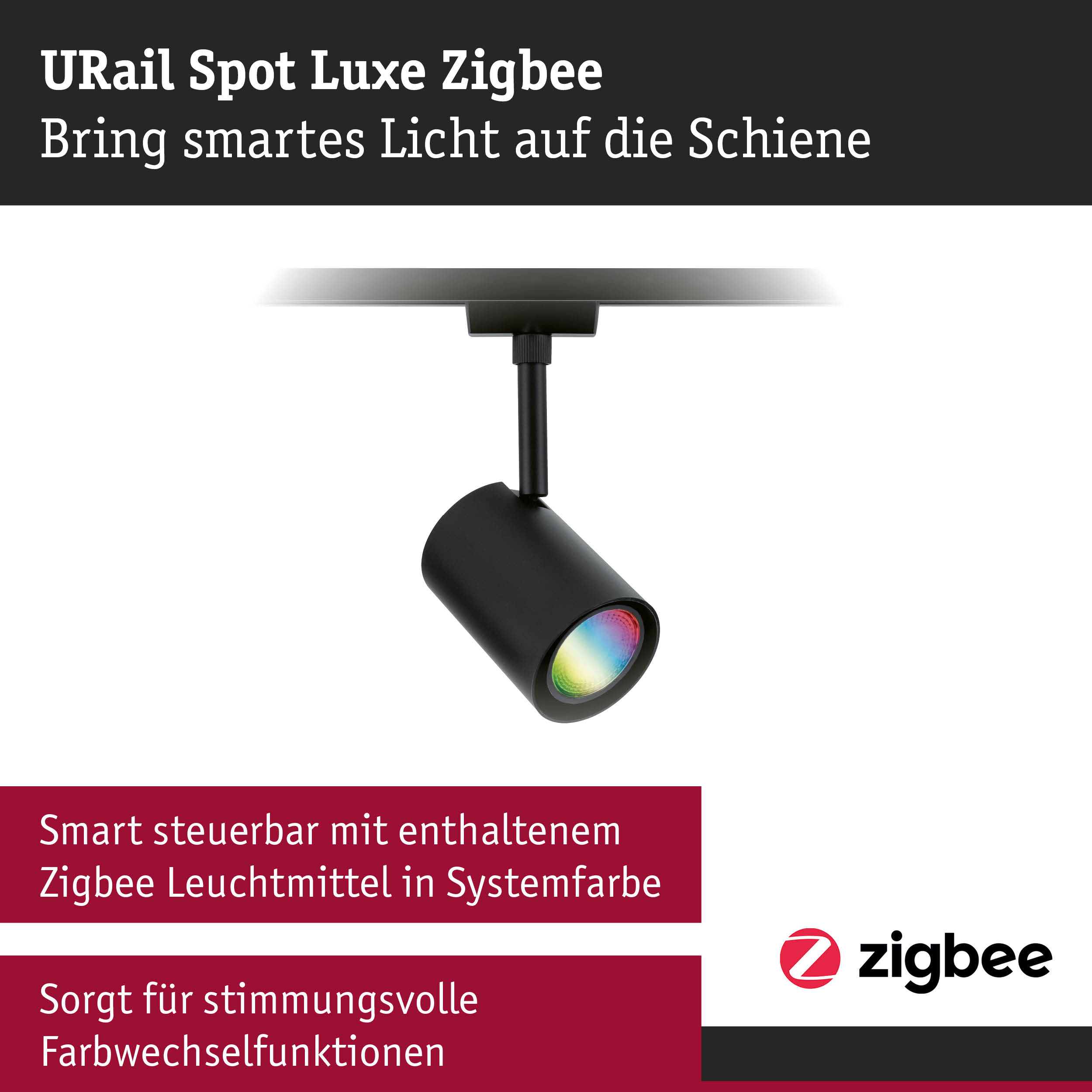 Schwarzer URail Spot Luxe Zigbee Strahler mit smart steuerbarem Licht und Farbwechselfunktion
