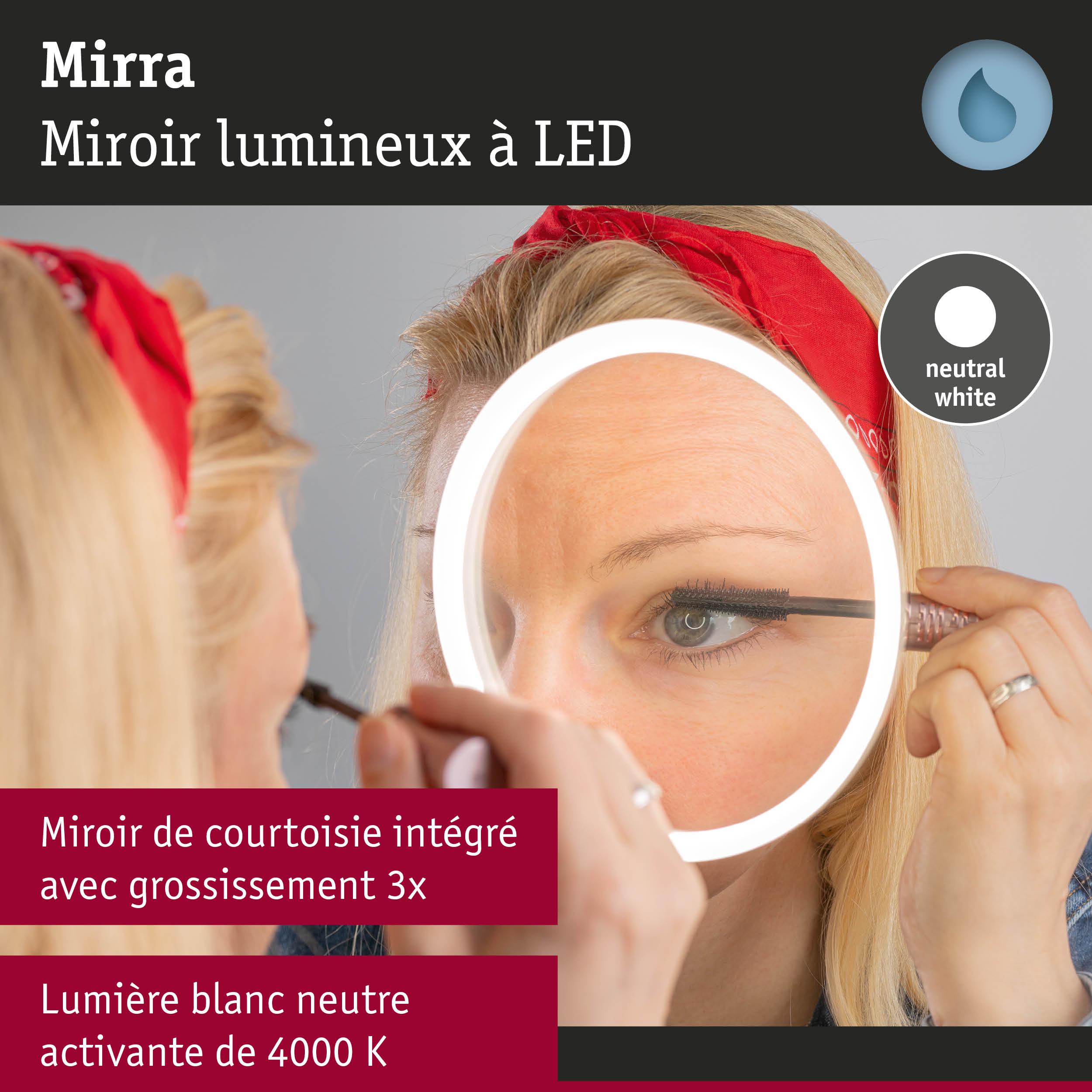 Miroir lumineux LED Mirra avec grossissement 3x et lumière blanc neutre 4000K pour maquillage précis