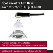 Spot encastré LED avec réflecteur plat GU10 et anneau métallique robuste argenté