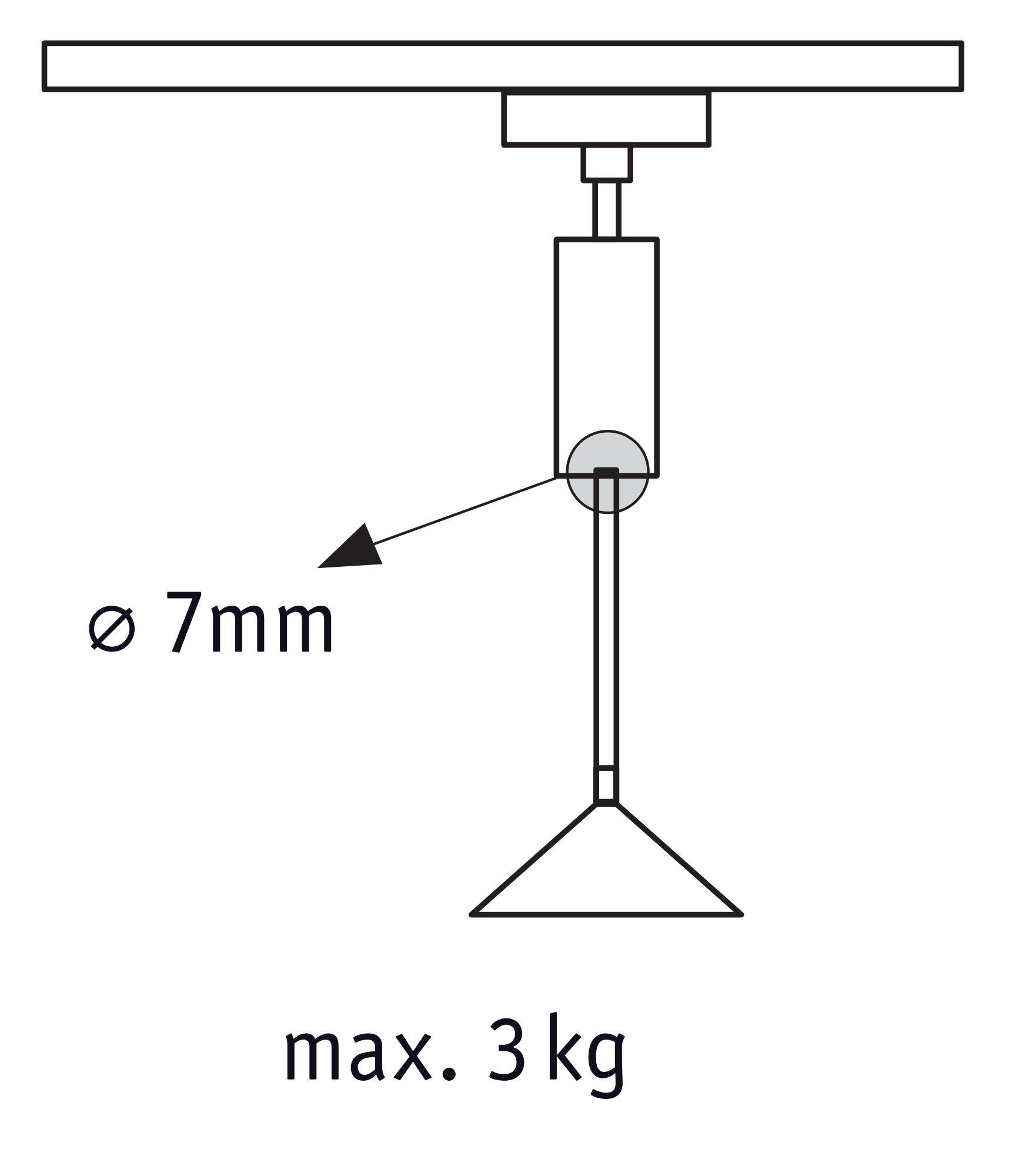 Technical drawing of ceiling mount with 7 mm diameter and max 3 kg load capacity