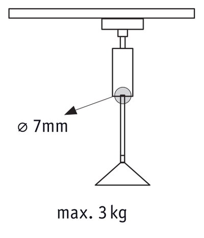 Schéma technique d’un support de plafond de 7 mm de diamètre et charge maximale de 3 kg