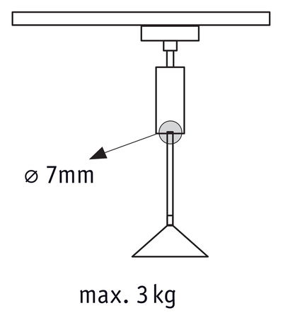 Technical drawing of ceiling mount with 7 mm diameter and max 3 kg load capacity