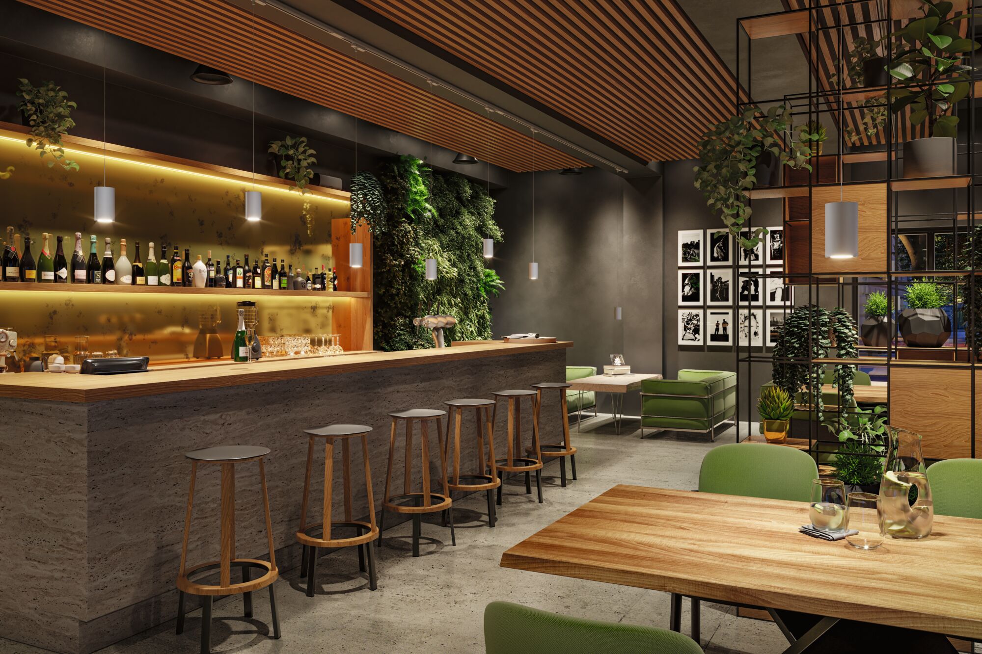 Modernes Restaurant mit Holztheke, grünen Stühlen und hängenden weißen LED-Pendelleuchten für Ambiente.