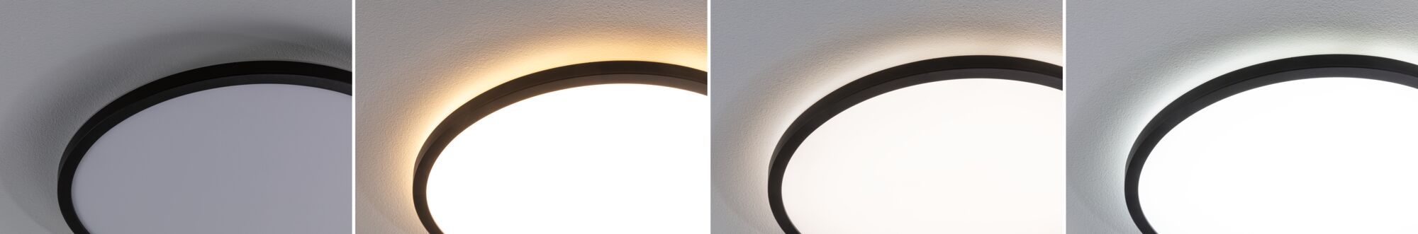 Rund loftlampe med sort ramme og justerbar farvetemperatur til moderne belysning.