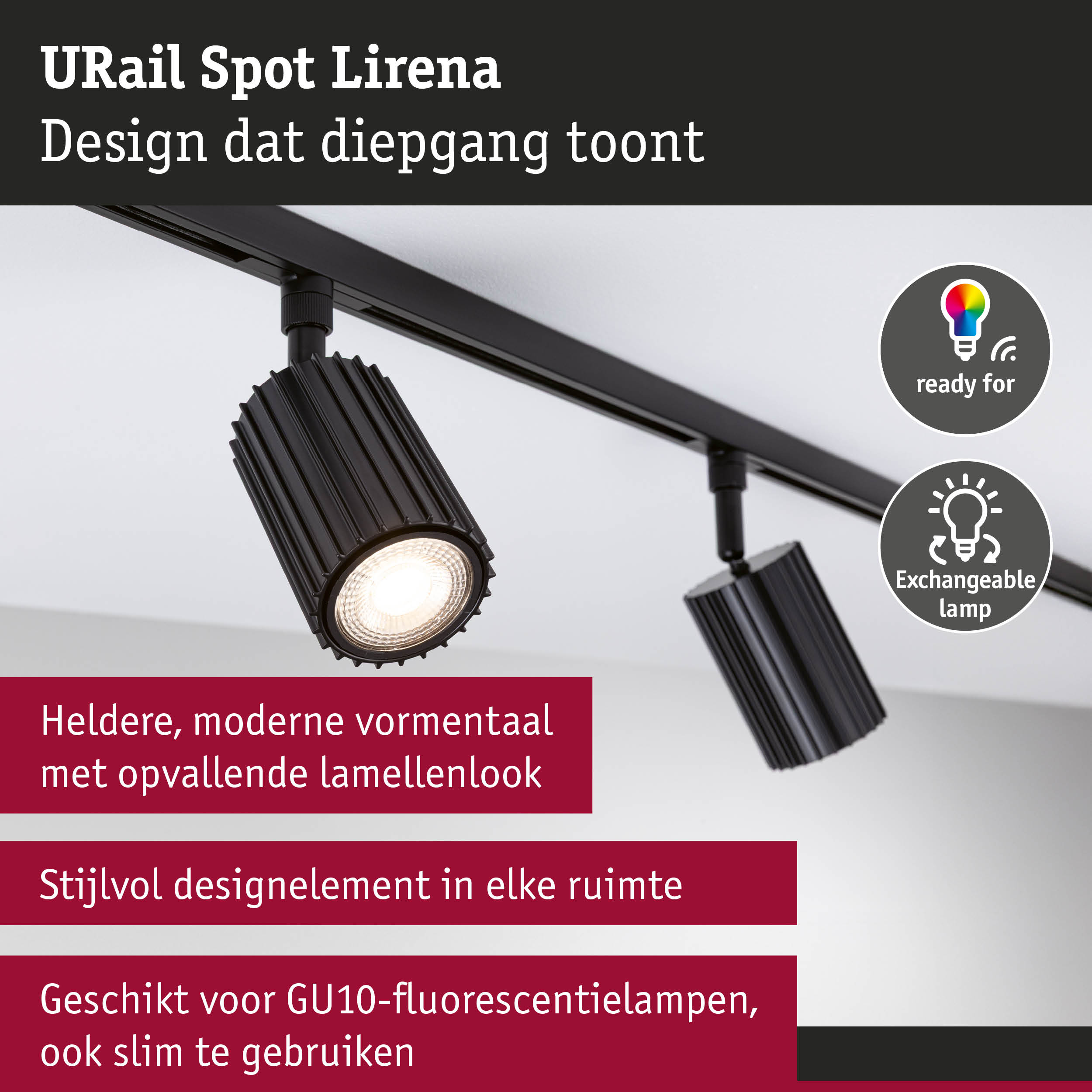 Zwarte URail Spot Lirena van aluminium met lamellenlook voor moderne LED-plafondverlichting