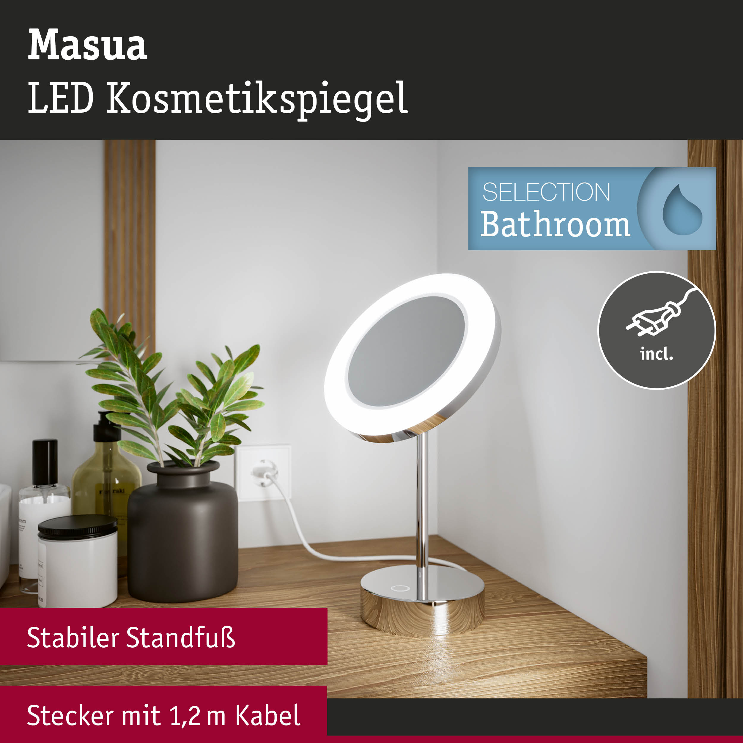 Masua LED Kosmetikspiegel mit stabilem Standfuß und 1,2 m Kabel für Badezimmerbeleuchtung