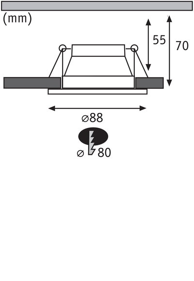 Technische tekening met afmetingen van inbouwspot uitsparing Ø80 mm en behuizing Ø88 mm