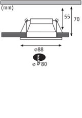 Schéma technique avec dimensions pour spot encastré trou Ø80 mm et boîtier Ø88 mm