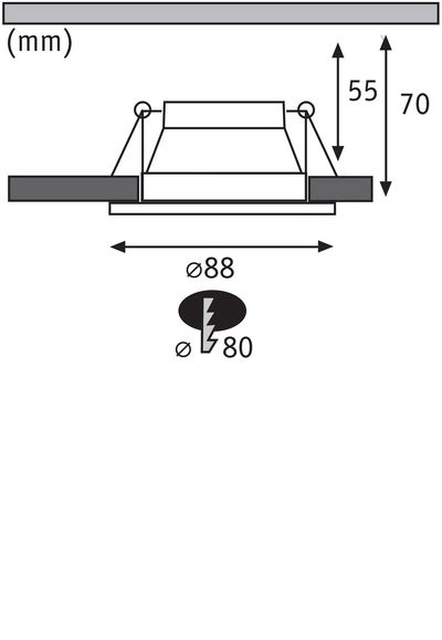 Technische Zeichnung eines Einbaustrahler-Schnitts mit Maßen 88 mm Durchmesser und 70 mm Höhe