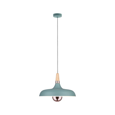 Blue-green metal pendant lamp with wooden accent and copper socket for modern interior lighting