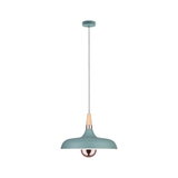 Matblauwe metalen hanglamp met houten detail en koperen lamp voor stijlvolle woonverlichting