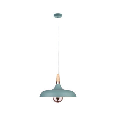 Matblauwe metalen hanglamp met houten detail en koperen lamp voor stijlvolle woonverlichting