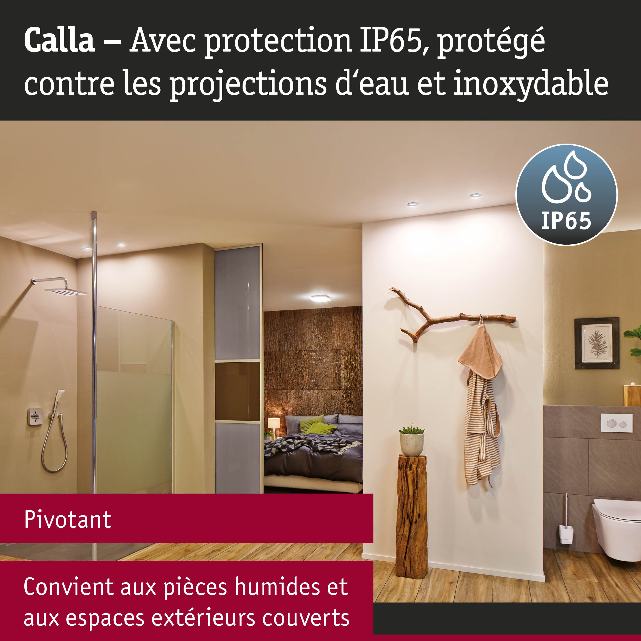 Plafonnier Calla en acier inoxydable avec protection IP65 pour pièces humides et espaces extérieurs couverts