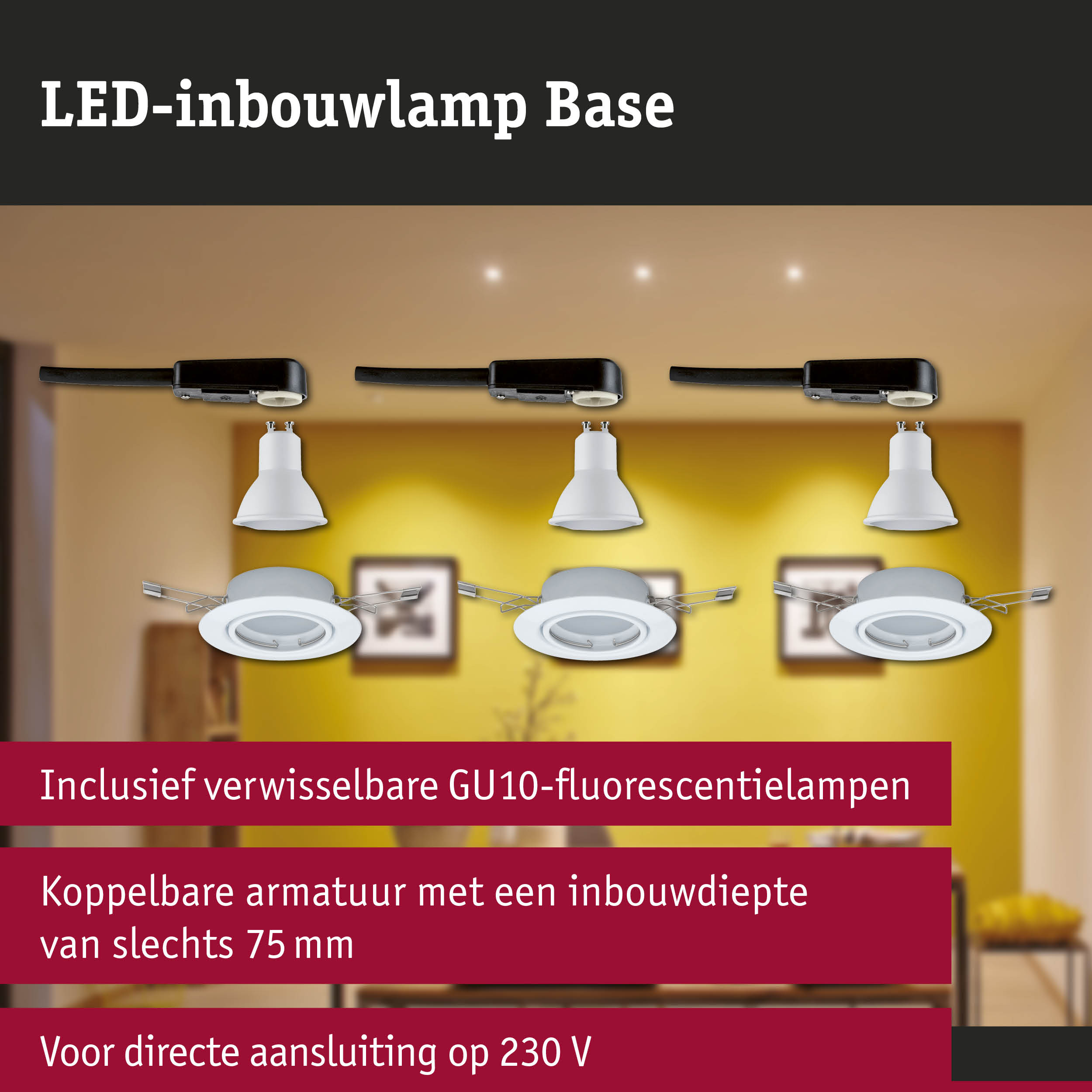 LED-inbouwlamp Base met witte GU10-lamp en zwarte kabel voor energiezuinige verlichting