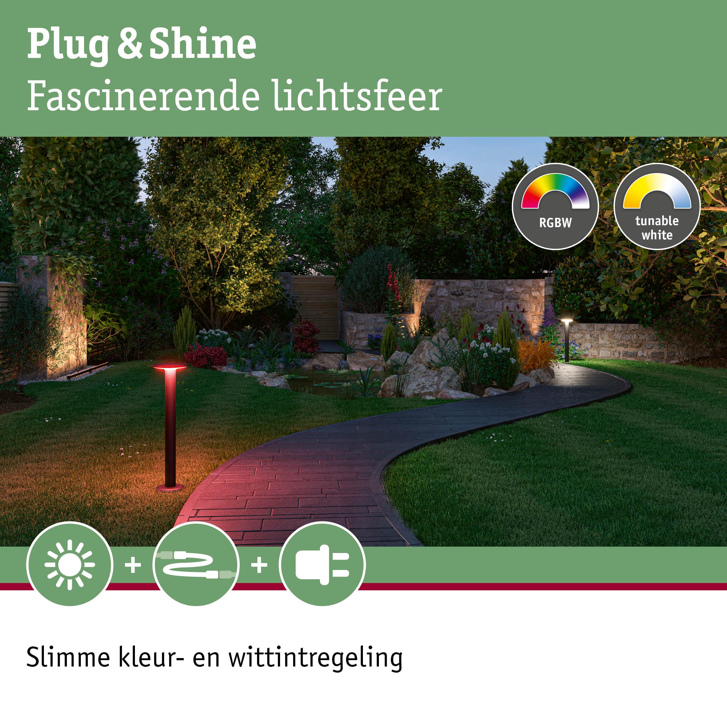 Tuinpad met zwarte RGBW LED-buitenlampen voor sfeerverlichting en instelbare witte tinten