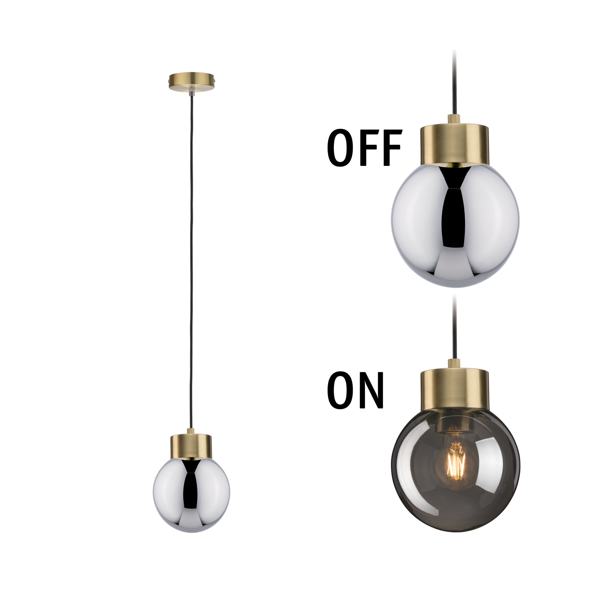 Modern pendant light with brass metal and smoky glass, shown off and on for lighting decor.