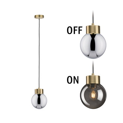Modern pendant light with brass metal and smoky glass, shown off and on for lighting decor.