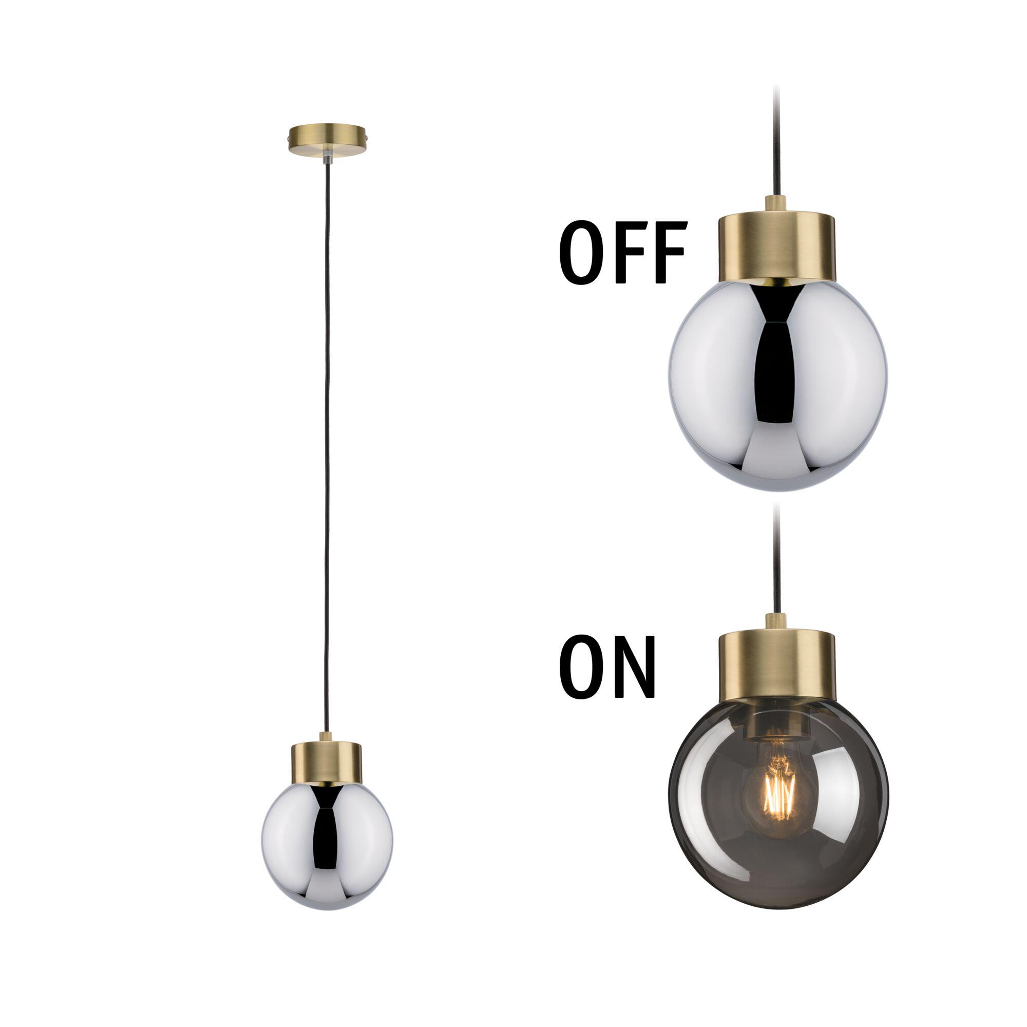 Moderne hanglamp met goudkleurig metaal en rookglas, toont uit- en aan-standen