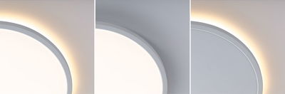Round white LED ceiling light with indirect warm white glow and grey frame for living spaces