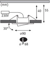 Technische Zeichnung eines Einbaustrahler mit 90 mm Durchmesser und 30 Grad Neigung, 230V Anschluss