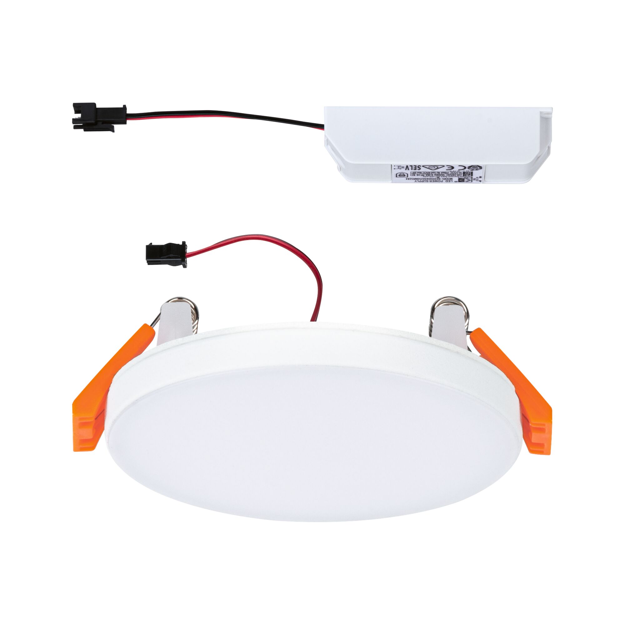 Rundes weißes LED-Einbaupanel mit orangefarbenen Halteklammern und separatem Treiber für LED-Beleuchtung