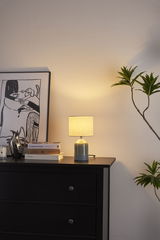 Ceramic table lamp with beige fabric shade on black dresser beside books and plant for cozy room lighting