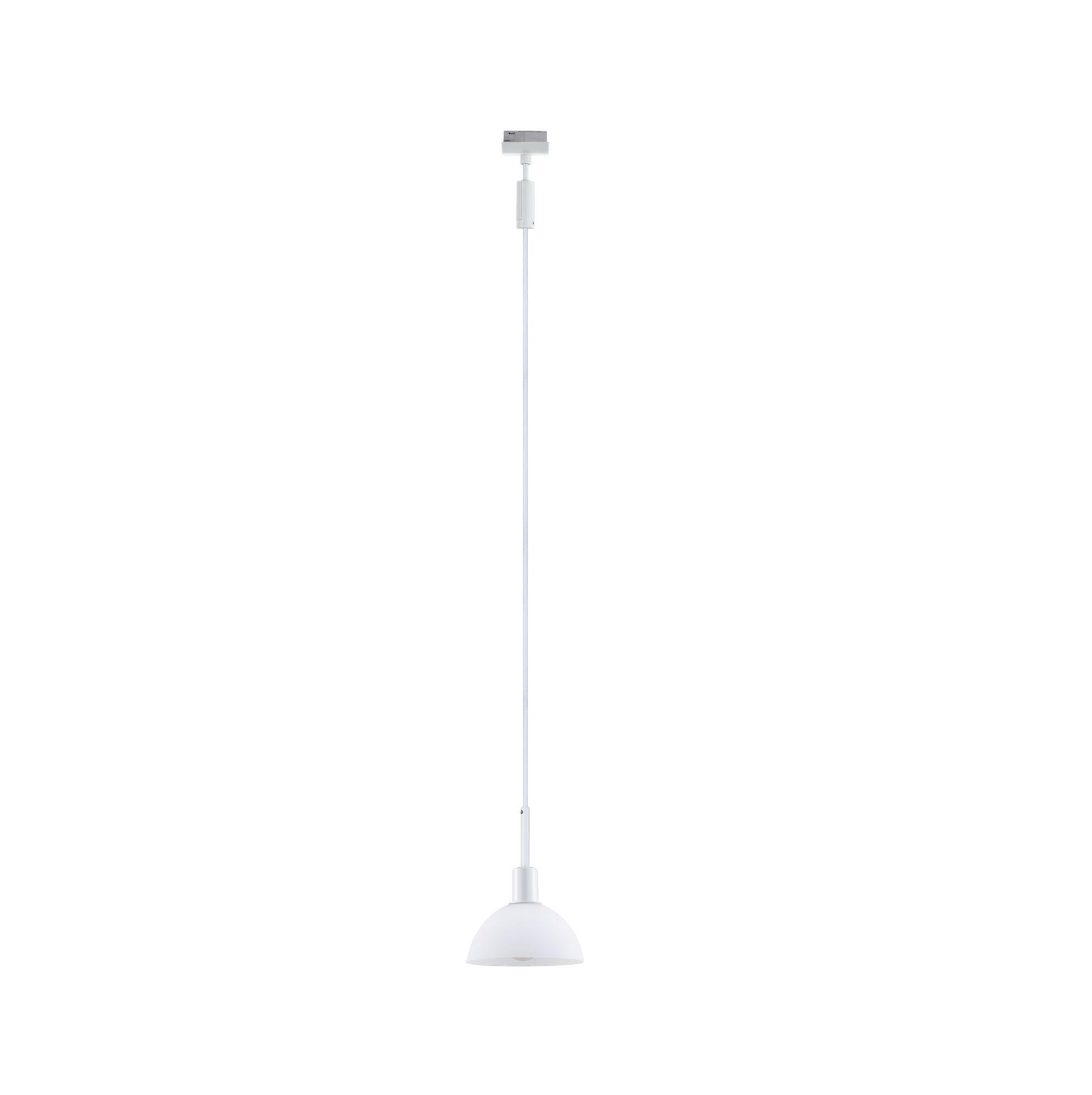 Witte metalen hanglamp met halfronde kap en lange kabel voor moderne binnenverlichting