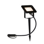 Schwarzer LED-Außenspot mit Erdspieß und Kabel für Gartenbeleuchtung und Außenbereich.