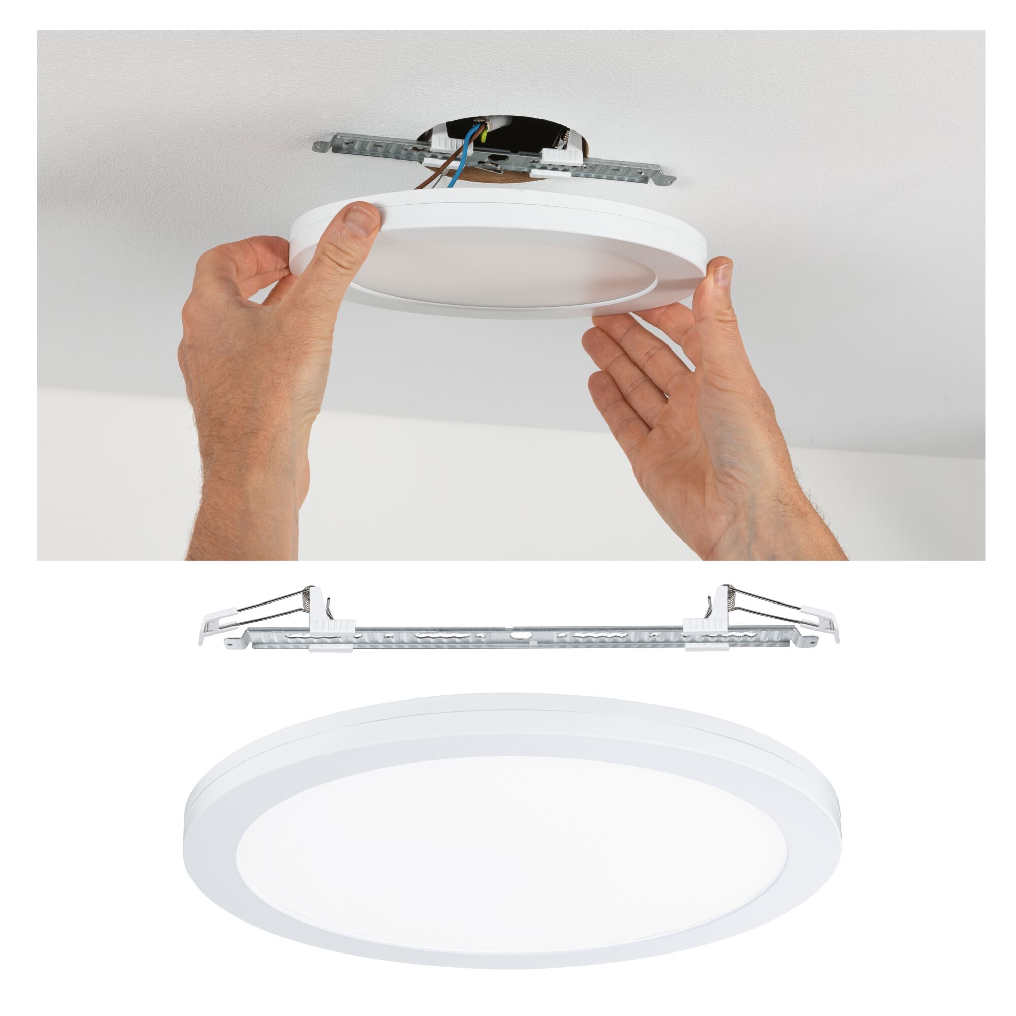 Rond wit LED-plafondpaneel van kunststof met montageclip en installatie aan het plafond