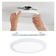 White round LED ceiling light made of plastic with mounting clips and electrical wires for installation