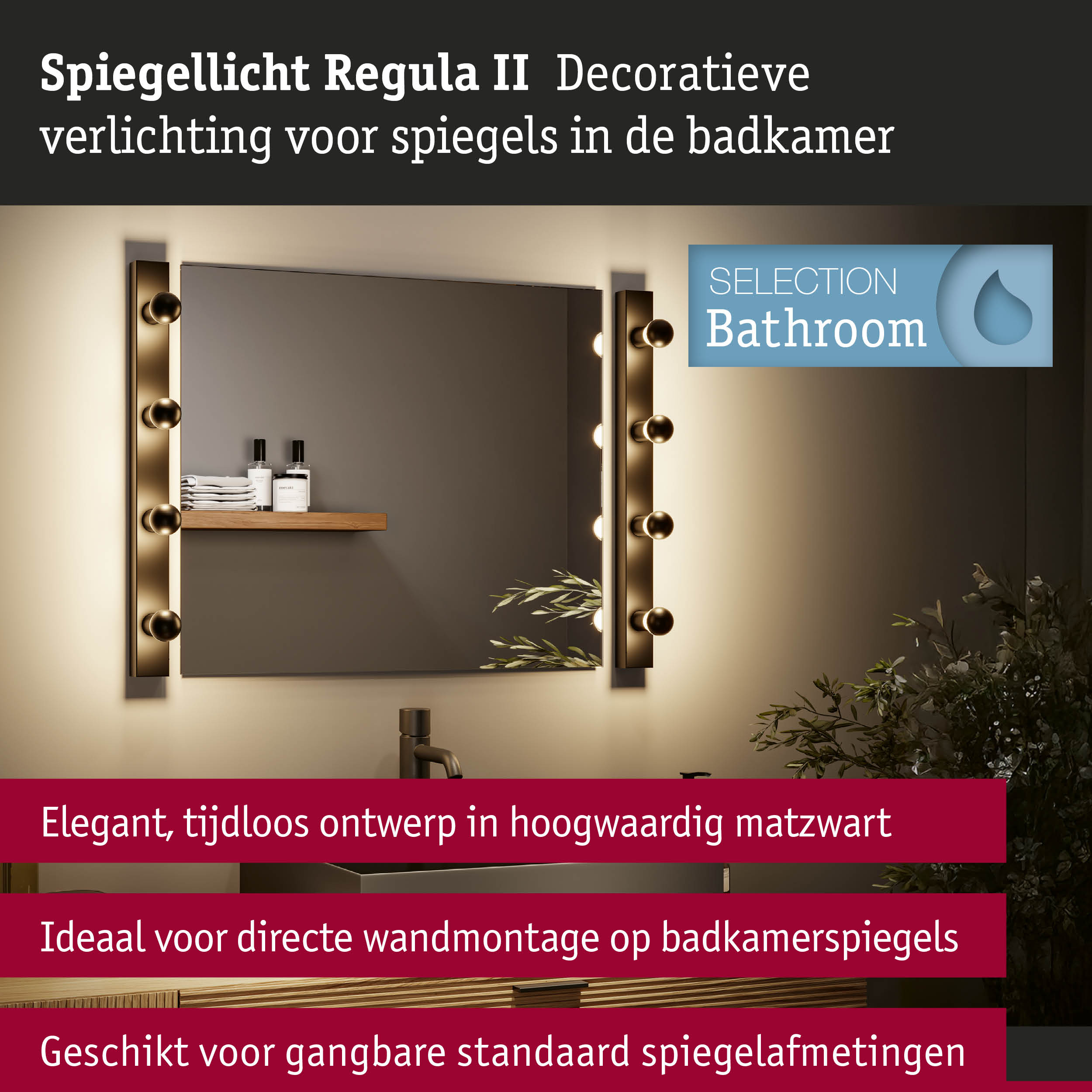 Set LED-spiegellamp Regula II Inclusief fluorescentielampen 4-vlammig IP44 E14 2700K 4x470lm 230V 4x4,5W dimbaar Zwart/Opaal