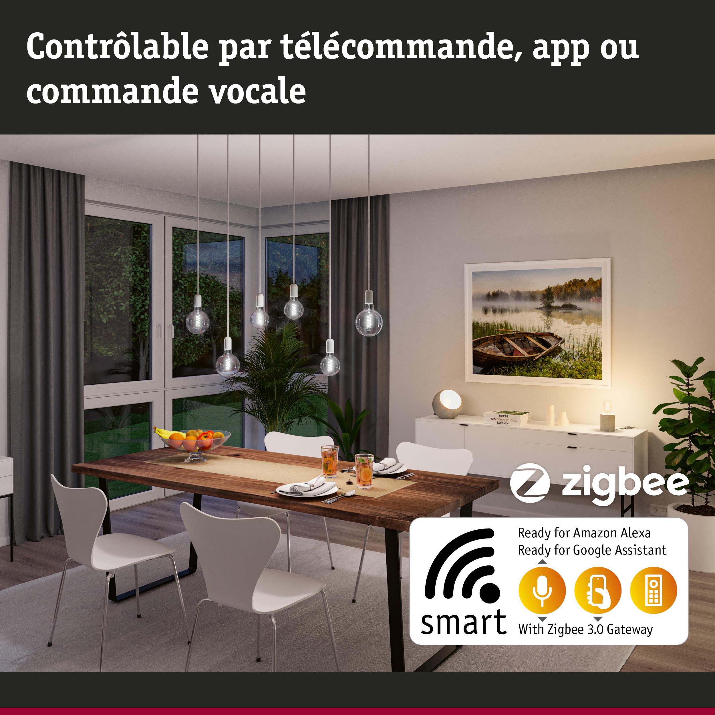 Salle à manger moderne avec suspensions LED en verre intelligentes et dimmables, contrôlables par application et commande vocale