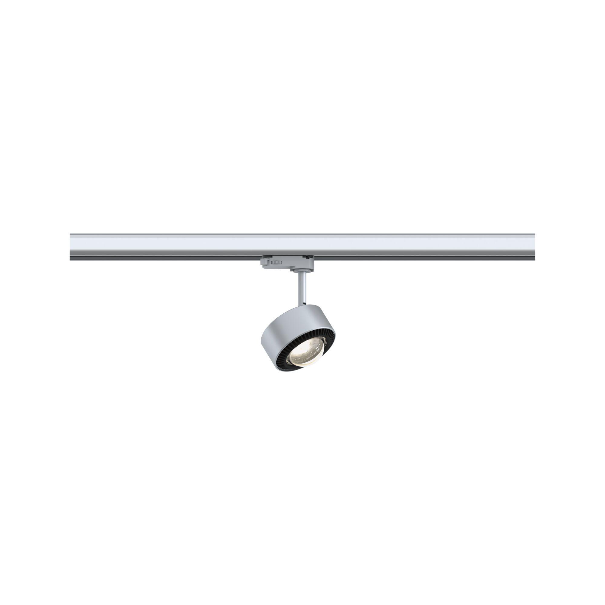 Moderner silberner LED-Strahler aus Metall an Schienensystem für flexible Raumbeleuchtung