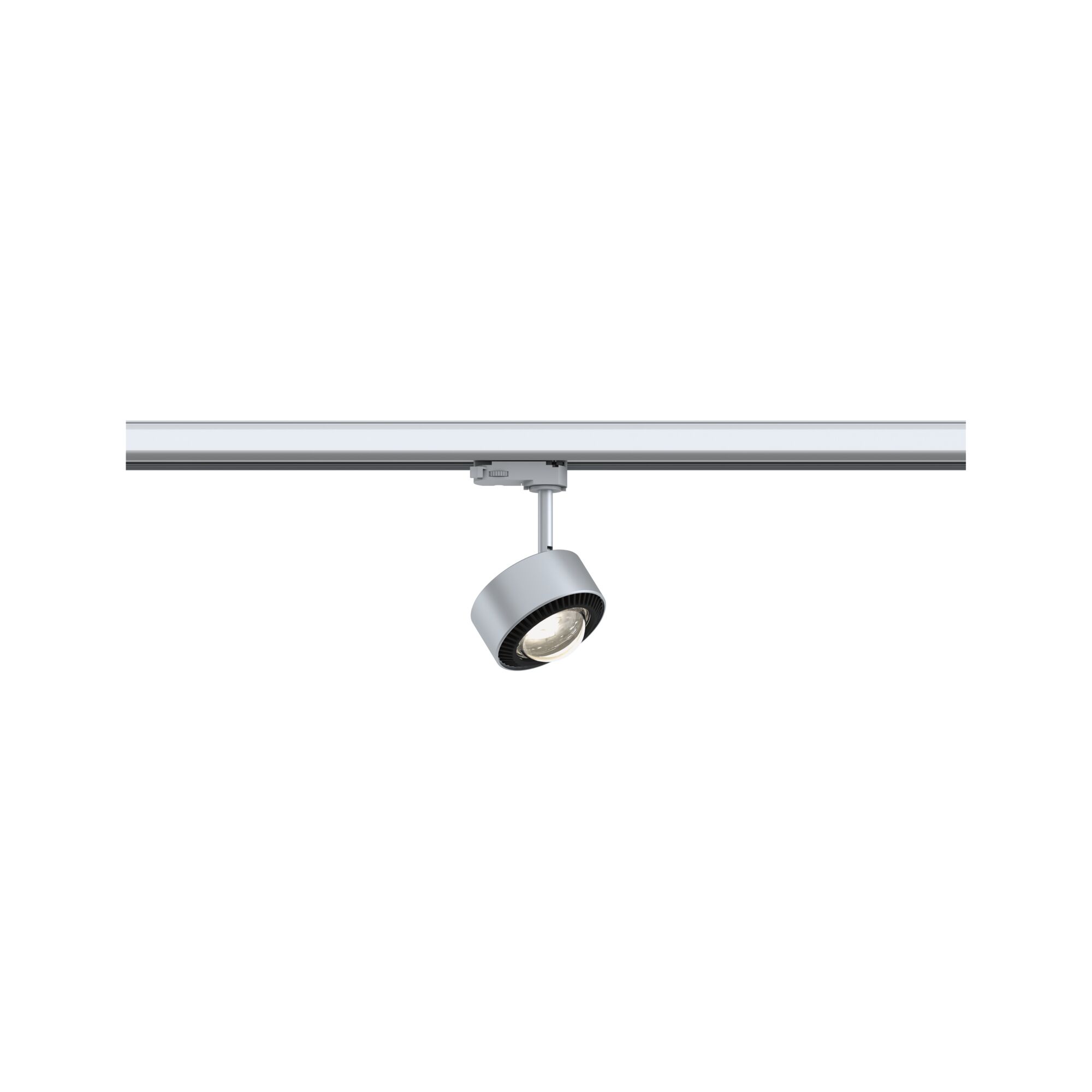 Moderner silberner LED-Strahler aus Metall an Schienensystem für flexible Raumbeleuchtung