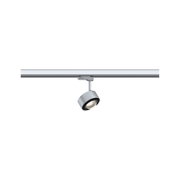 Moderner silberner LED-Strahler aus Metall an Schienensystem für flexible Raumbeleuchtung