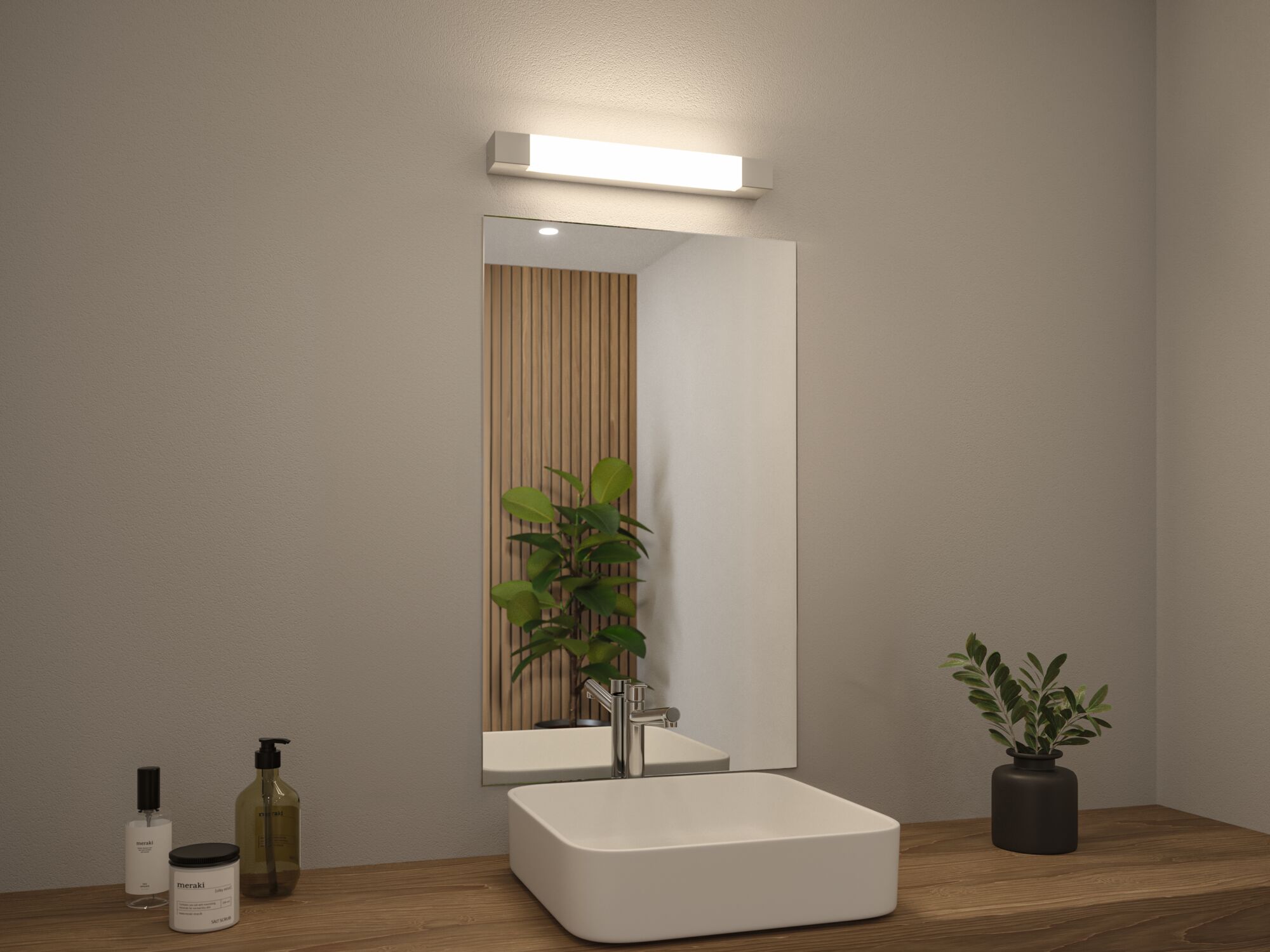 Modernes Badezimmer mit weißem Keramik-Waschbecken, Holzarbeitsplatte und LED-Wandleuchte in Weiß.