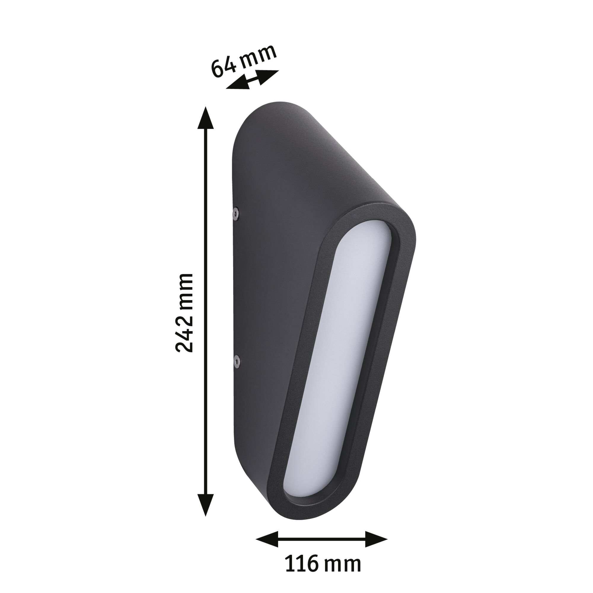 Schwarze Außenwandleuchte aus Metall mit weißem Diffusor und Maßen 242x116x64 mm