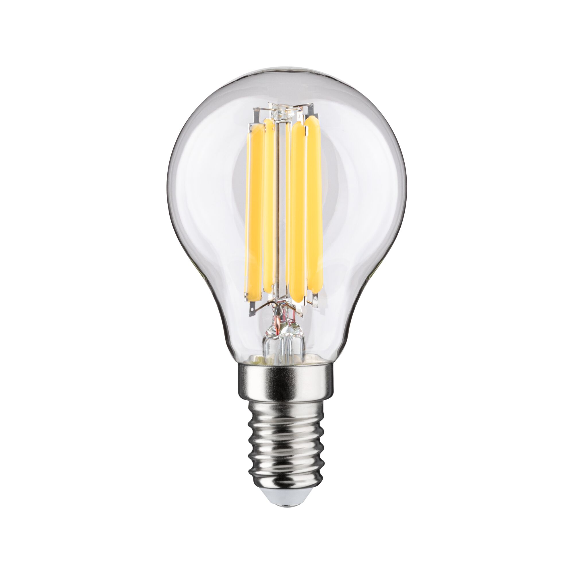 Small LED bulb with clear glass and warm white filaments, energy-saving light source