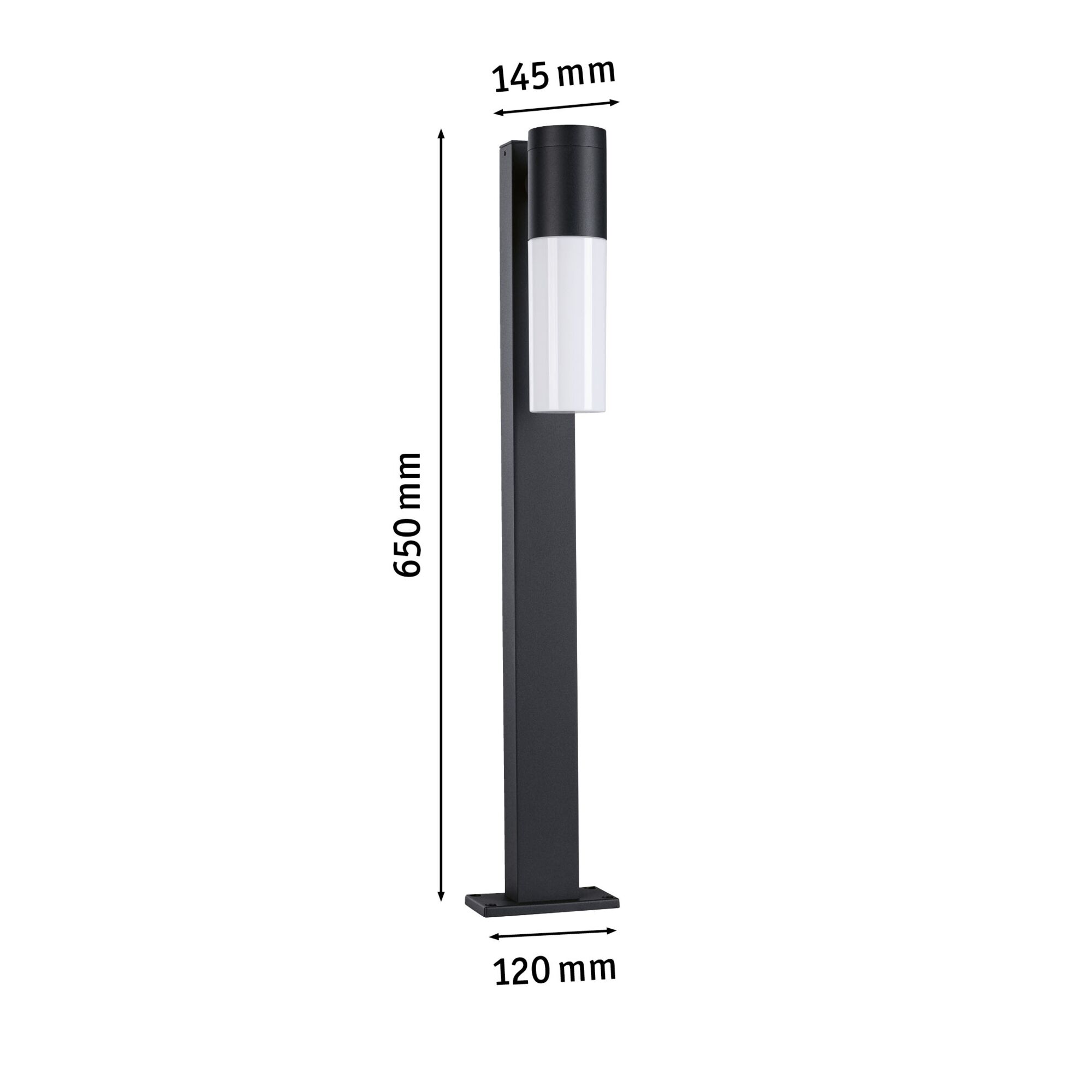 Modern black aluminum outdoor lamp post with white diffuser, dimensions 650x145x120 mm