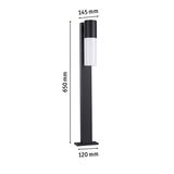 Modern black aluminum outdoor lamp post with white diffuser, dimensions 650x145x120 mm