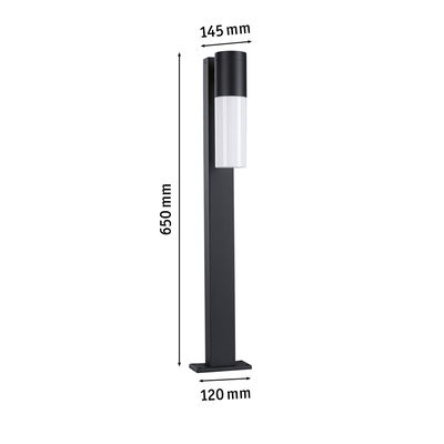 Modern black aluminum outdoor lamp post with white diffuser, dimensions 650x145x120 mm